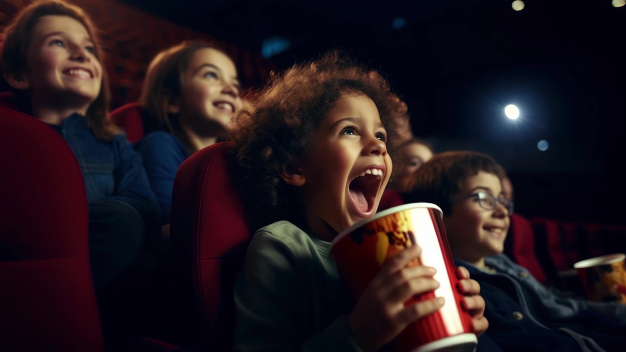 Bambini felici che guardano un film e mangiano popcorn al cinema