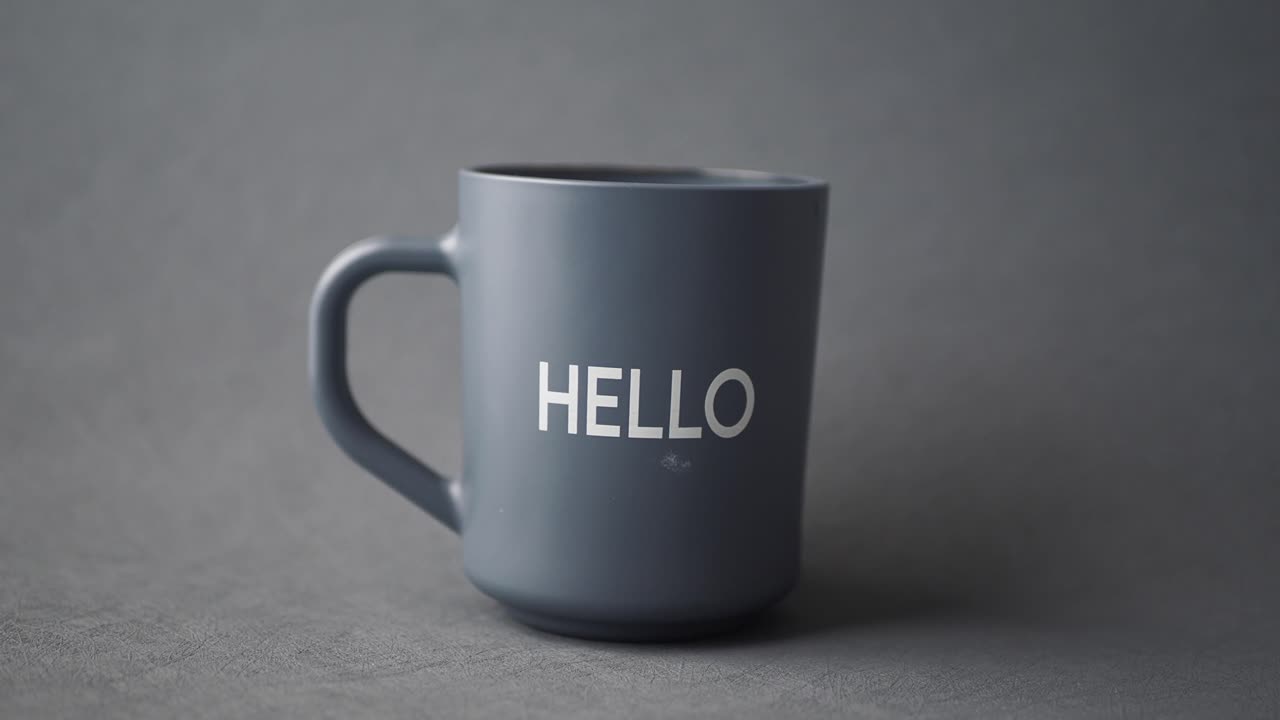 taza gris con la inscripción "hola"