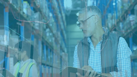 animación del procesamiento de datos financieros sobre hombres y mujeres que trabajan en el almacén