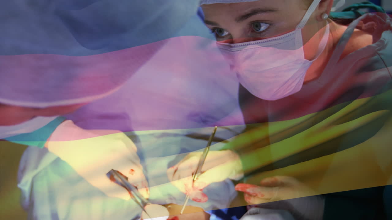 animación de la bandera de alemania ondeando sobre los cirujanos en el quirófano