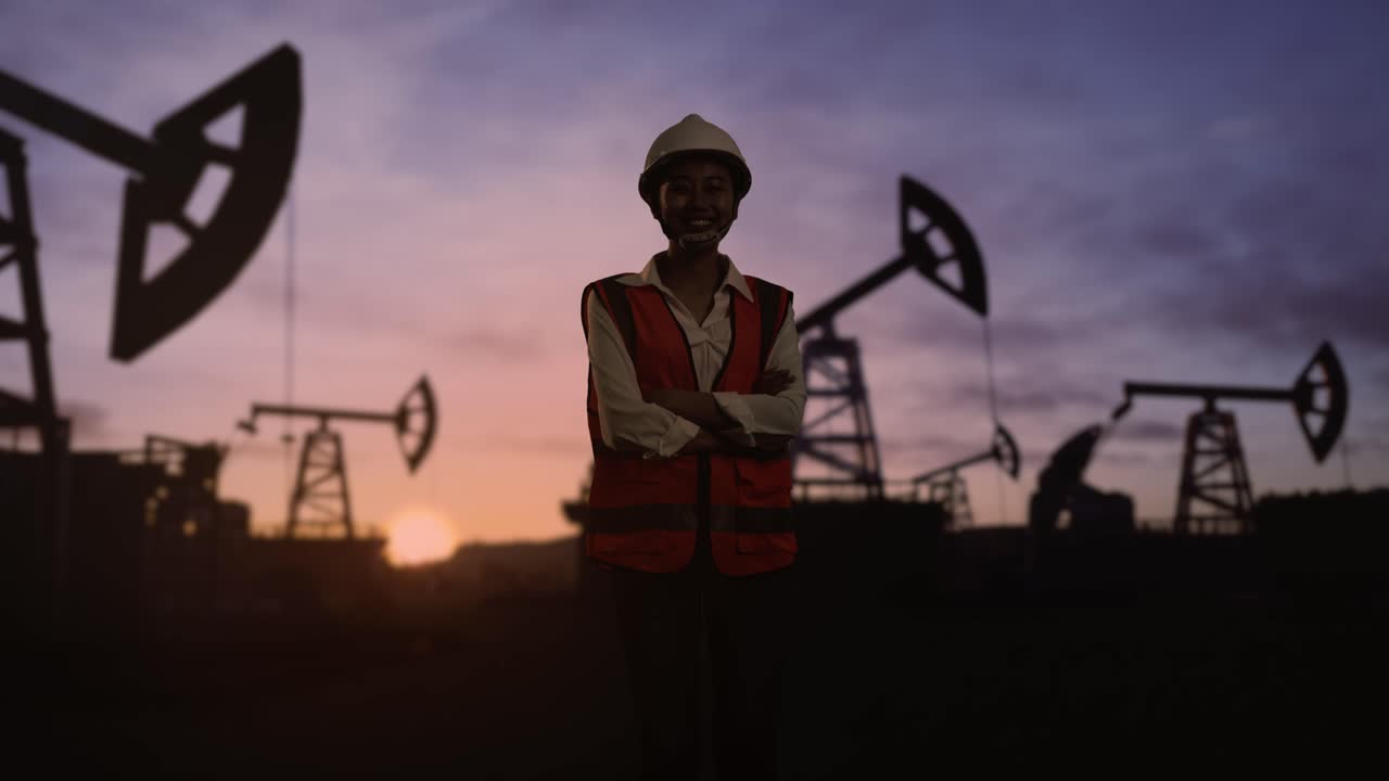 ingeniera asiática con casco de seguridad inspecciona las bombas de petróleo al amanecer en un gran campo petrolífero, cruzando los brazos y sonriendo a la cámara
