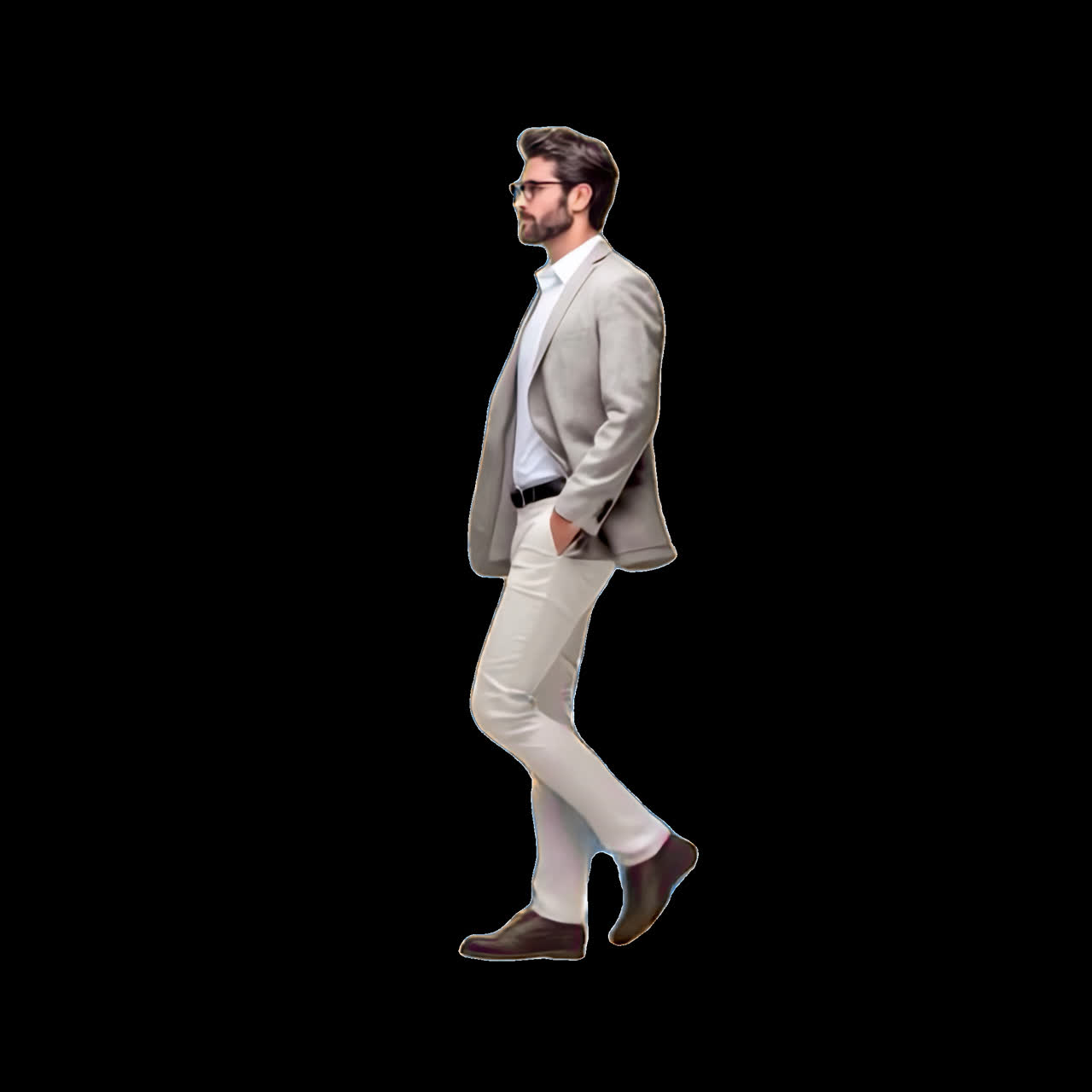 Stylish man in gray suit animation isolated asset, transparent 4K video, alpha channel, ProRes 4444