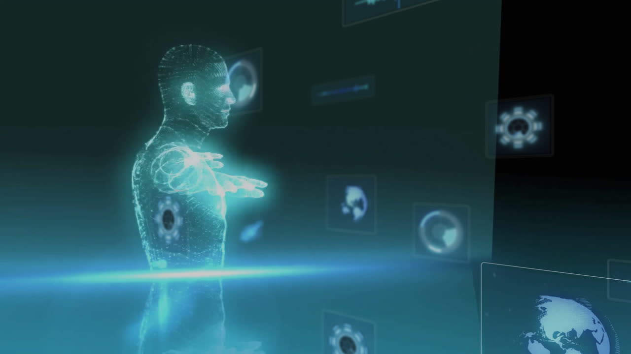 Interacting with futuristic interface, digital human animation in school technology lesson