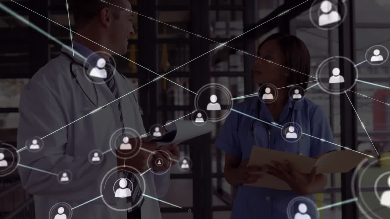 Animation of network of connections with icons over diverse doctors