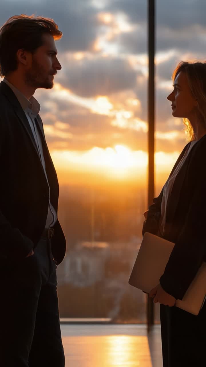 Un confronto ponderato al tramonto: una conversazione professionale tra due colleghi, incorniciata da un orizzonte caldo e luminoso mentre il giorno lascia spazio alla notte