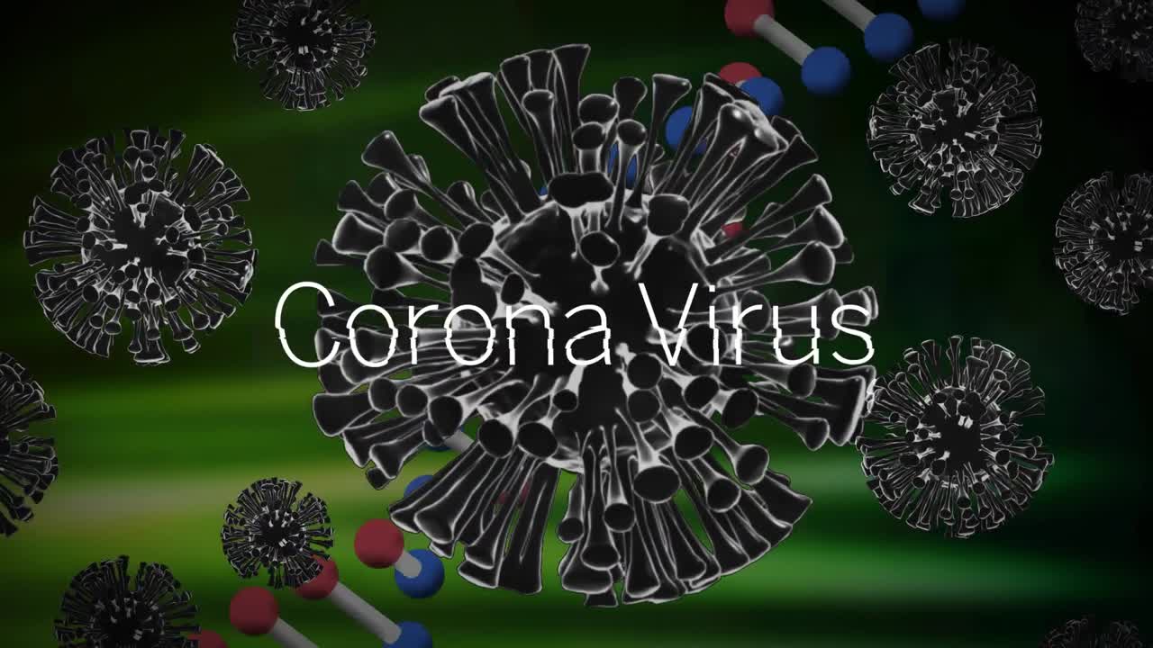 texto del coronavirus sobre múltiples células de covid-19 contra la estructura del adn girando en un fondo verde
