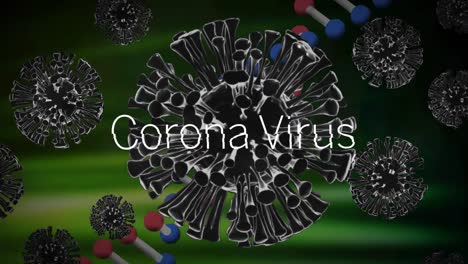 coronavirus text over multiple covid-19 cells against dna structure spinning on green background