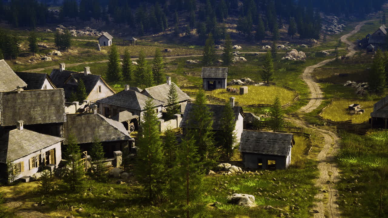 Tranquil village landscape with rustic houses and winding dirt road