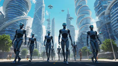 a futuristic cityscape buzzes with activity as advanced robots walk through a high-tech metropolis, showcasing innovation and the integration of technology in everyday life