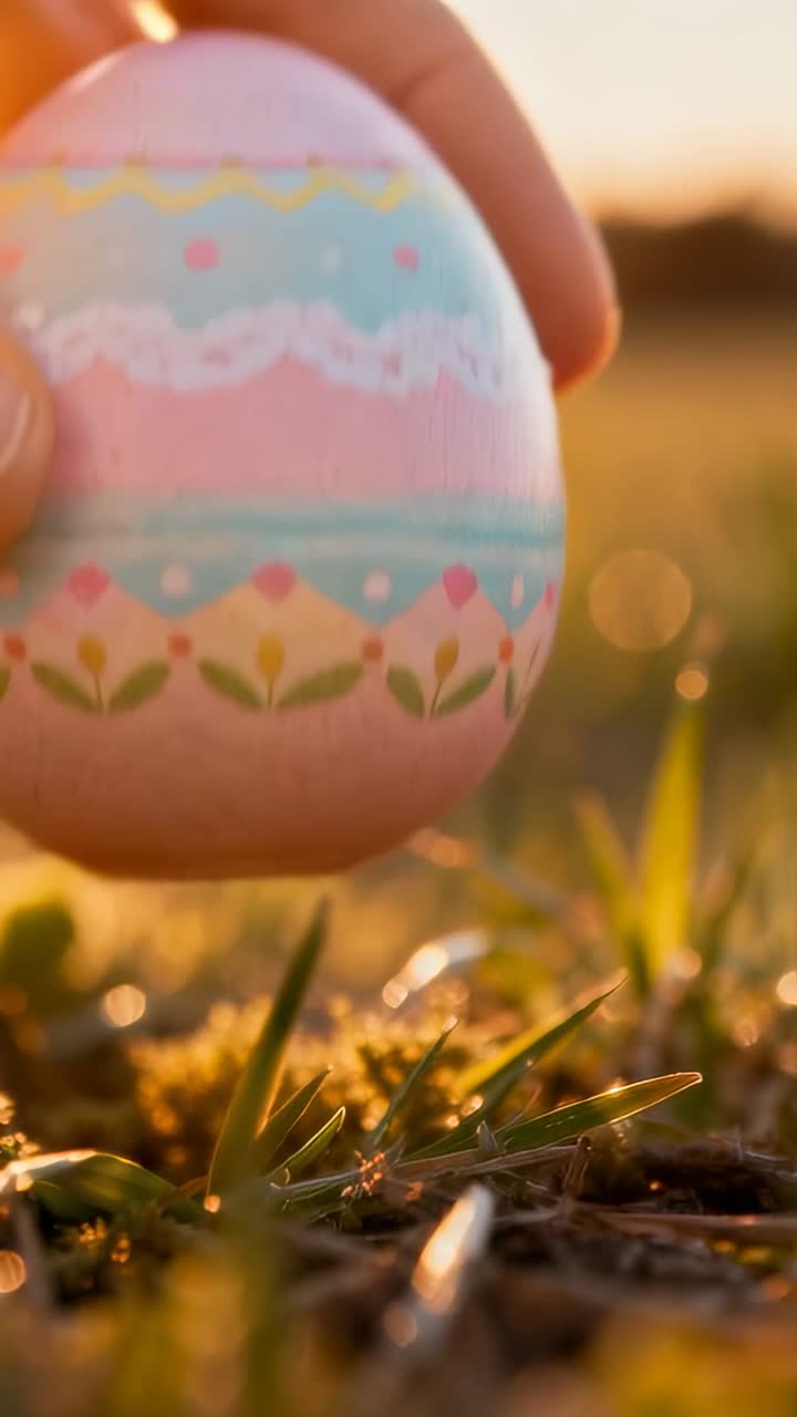 Vertical video: Reaching hand pinching pastel egg from grass lifting and showing in sunset meadow