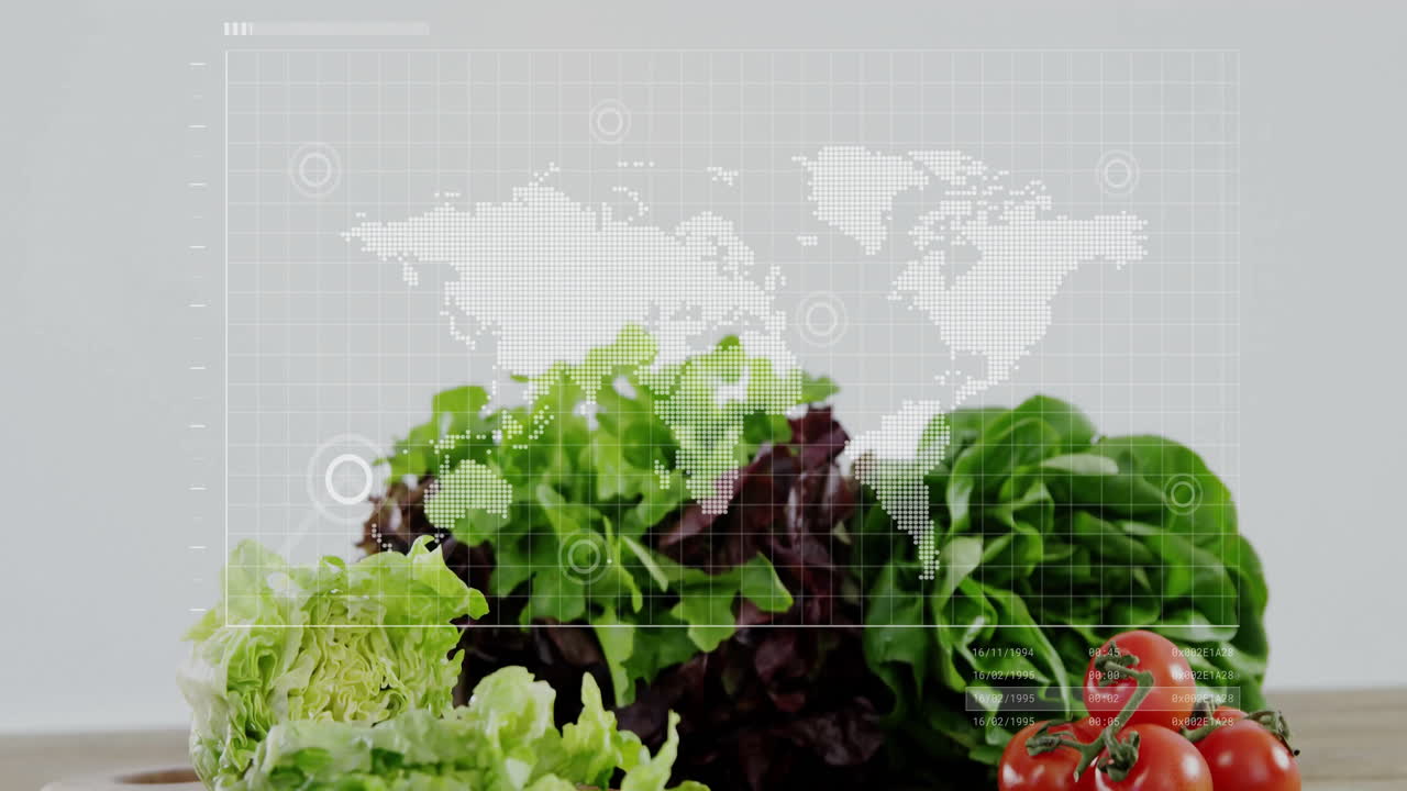 Fresh lettuce and tomatoes with animated world map overlay in background