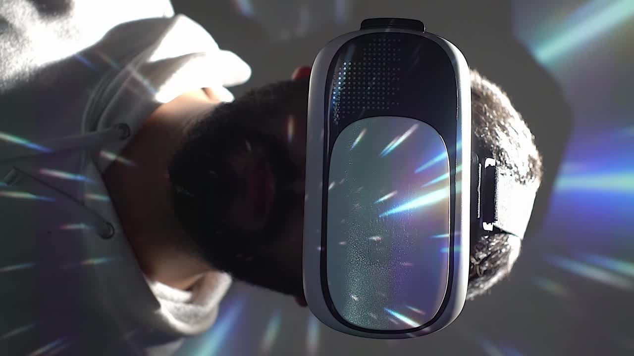 joven usando vr y tiene ganas de viajar por el espacio a la velocidad de la luz, superposición de hologramas