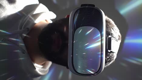 young man using vr and feels like traveling through space at light speed, hologram overlay