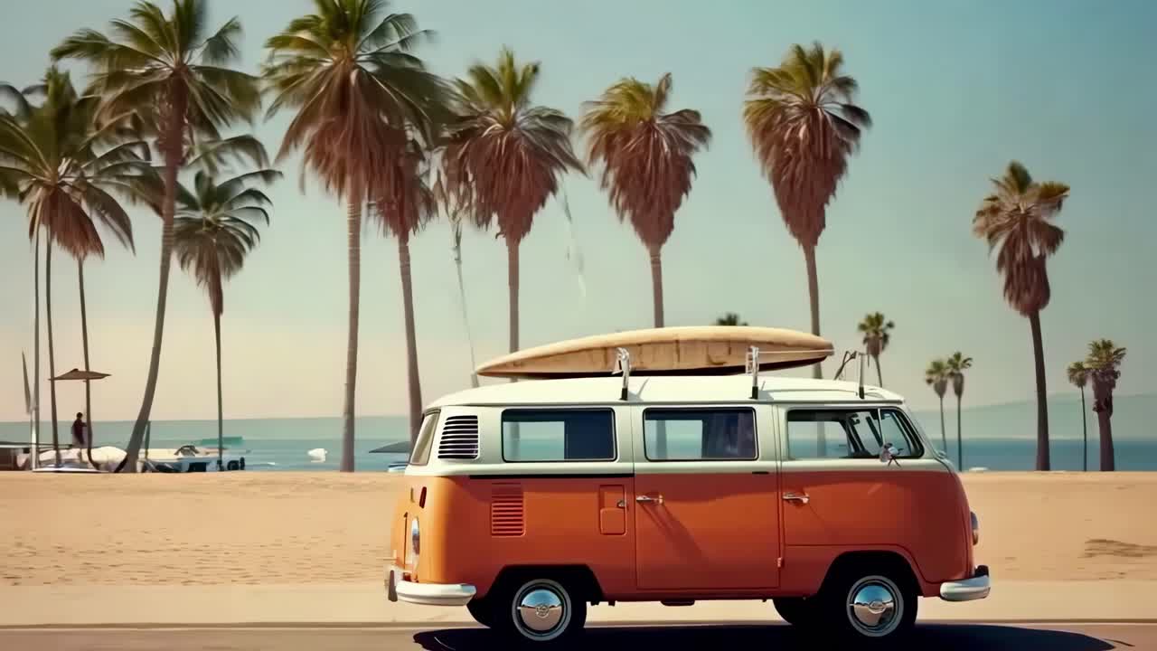 Retro beach scene with a vintage van and surfboard, shot from a side angle