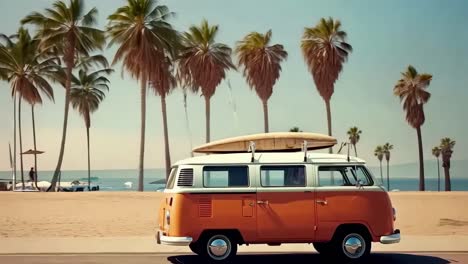 retro beach scene with a vintage van and surfboard, shot from a side angle