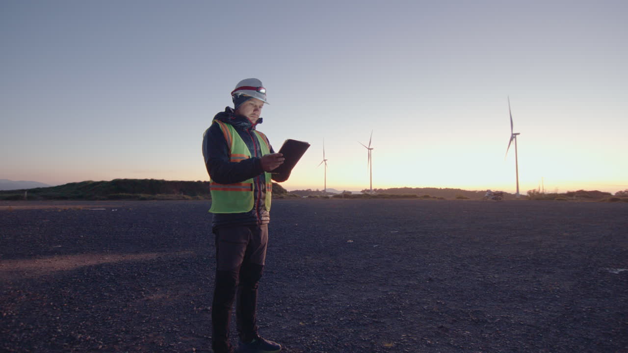 Engineer Working with Digital Tablet at Wind Power Plant