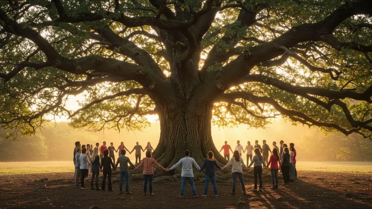 Group gathers around majestic oak tree during sunset for a collective experience in nature and connection with each other