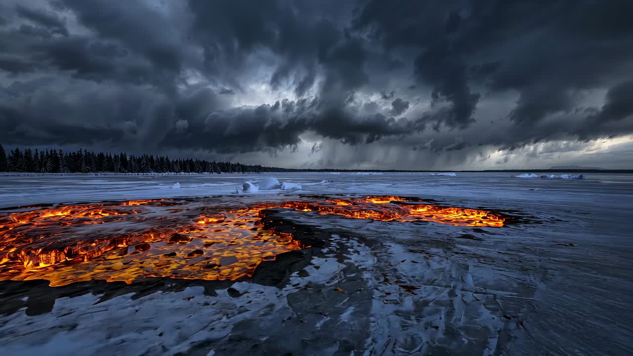 Fissure glowing under storm clouds, pushing molten lava through fractured ice at icy lake, steaming