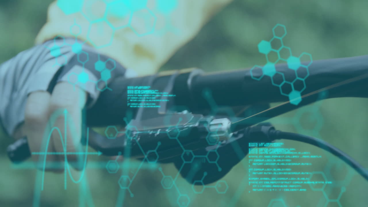Cyclist hand gripping handlebar in animated illustration showing digital hexagon overlays