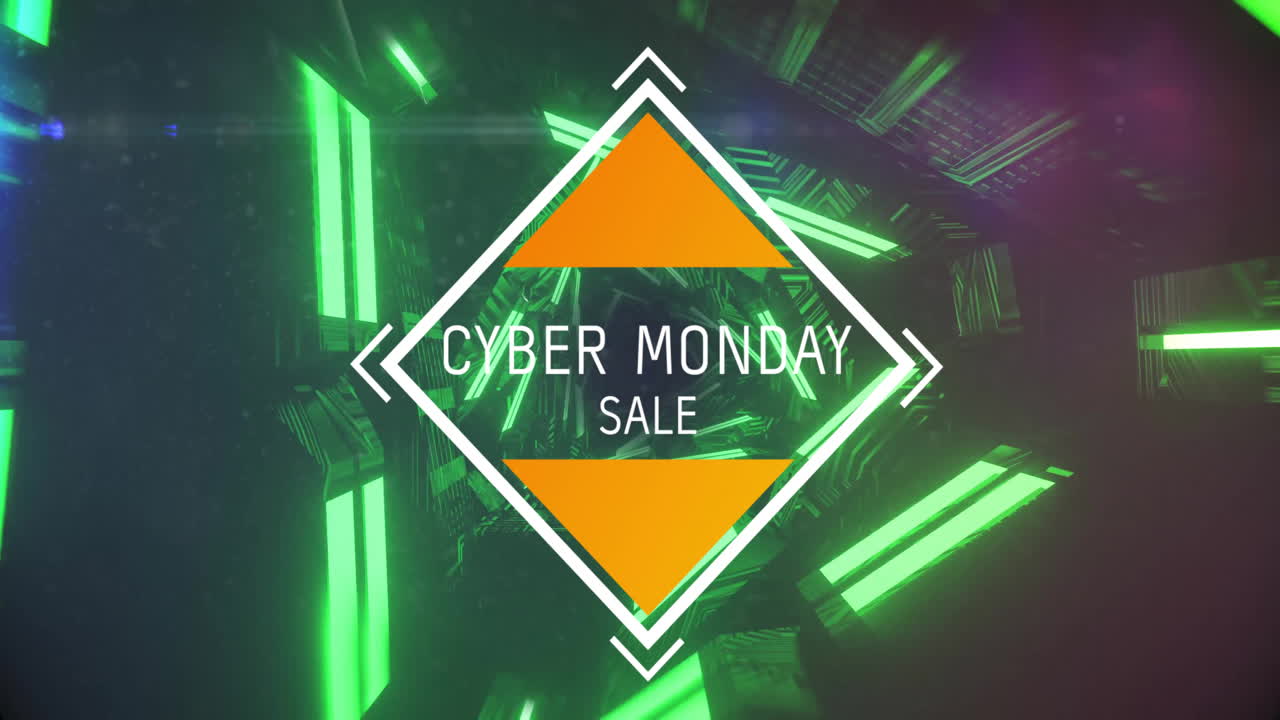 Animation of cyber monday sale text over neon pattern background