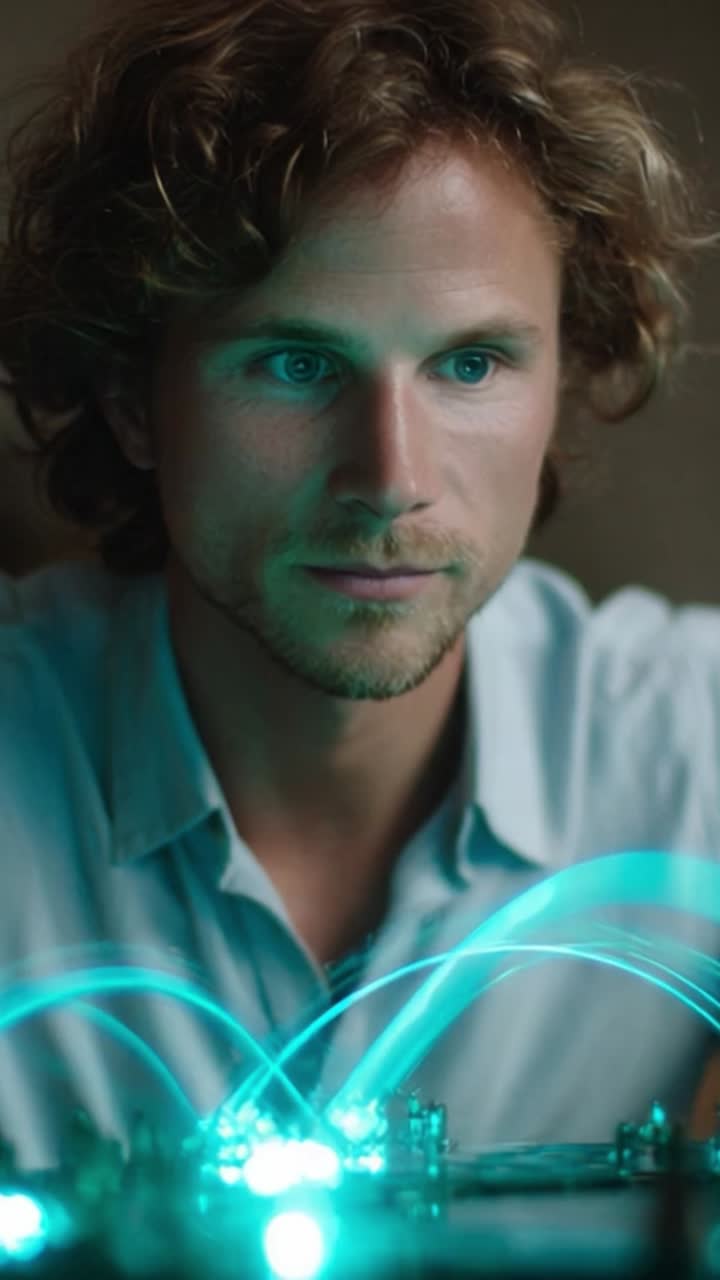 Focused Individual Analyzing Dynamic Data Flow with Innovative Technology in an Ambient Environment, Illuminated by Soft Blue Light Creating a Futuristic Atmosphere