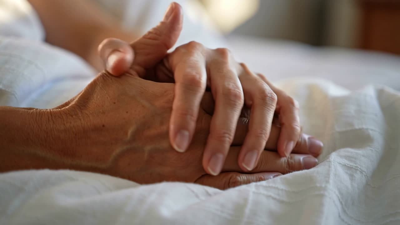 Mani anziane che si muovono, intrecciandosi, sul letto, con un piumino bianco.