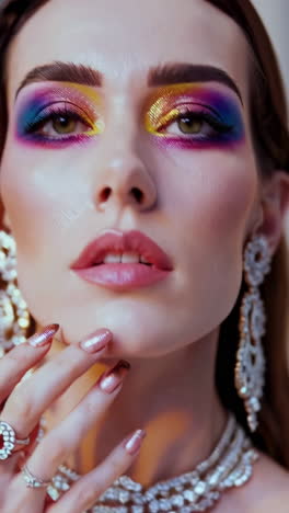 stunning woman with colorful eye makeup and sparkling jewelry