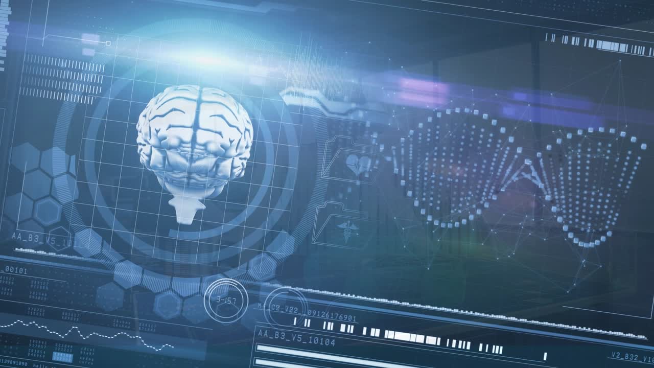 Animation of digital screen with scientific data over caucasian man in vr headset in office