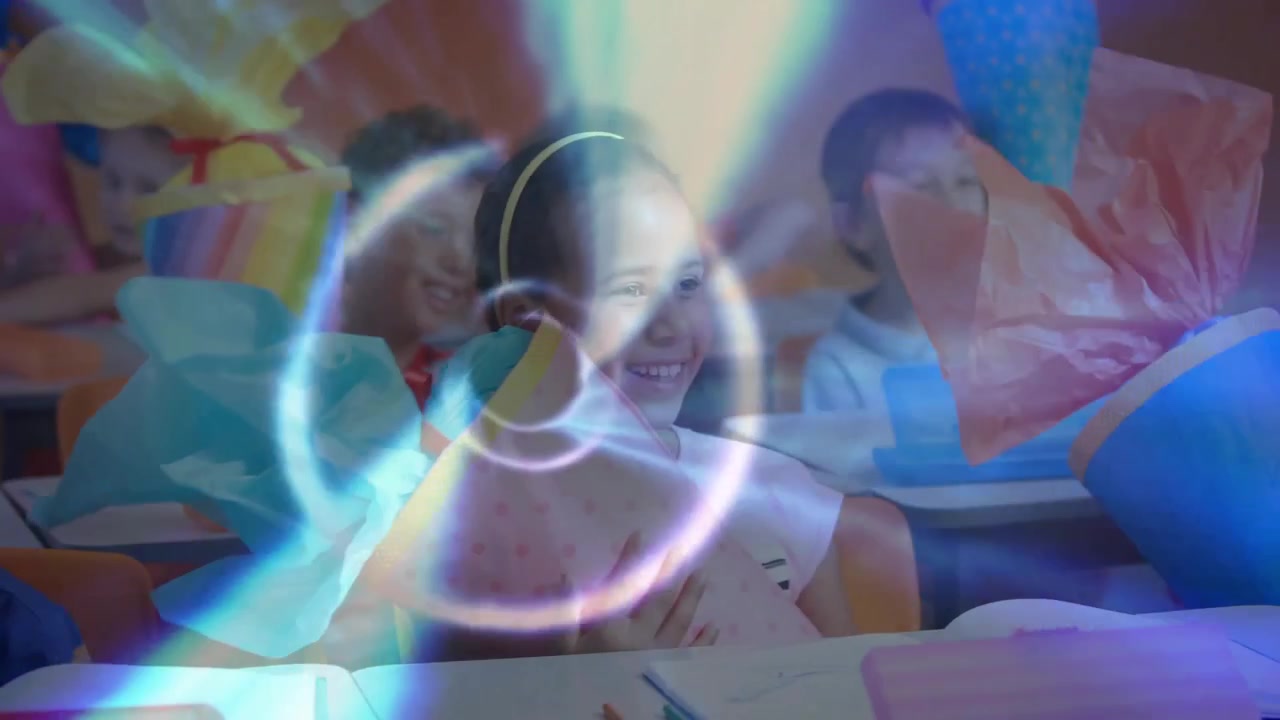 Swirling light unveiling classroom teacher handing cone to girl classmates celebrating education