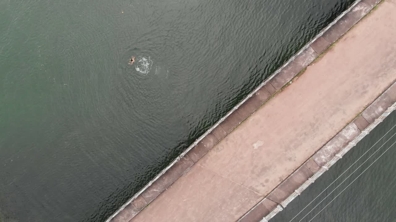 먼로 섬, 아슈타무디 호수, 케랄라의 강 섬에 있는 다리 아래에서 수영하는 25세 인도 남성의 4k 공중 탑다운 드론 샷