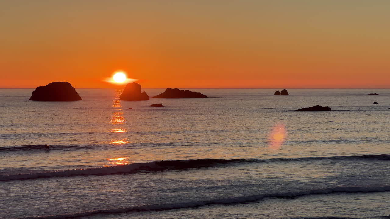 Beautiful cloudless sunset over the Pacific Ocean in Crescent City, California.