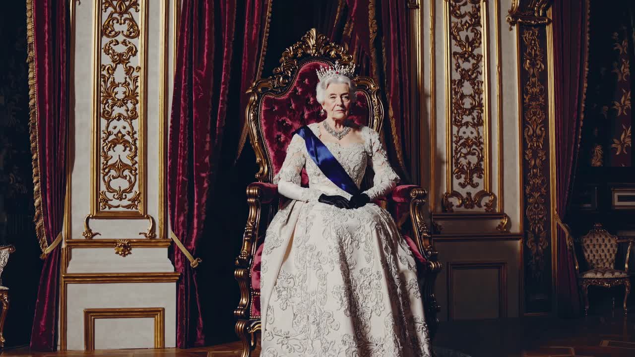 A regal, vintage-style video featuring a woman in royal attire seated on a throne