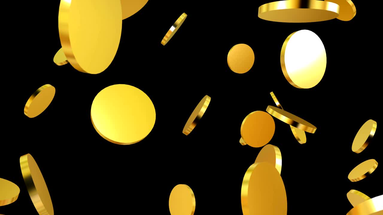 Gold coins falling on black. Beautiful Looped animation.animation with optional luma matte. Alpha Luma Matte included. 4k video