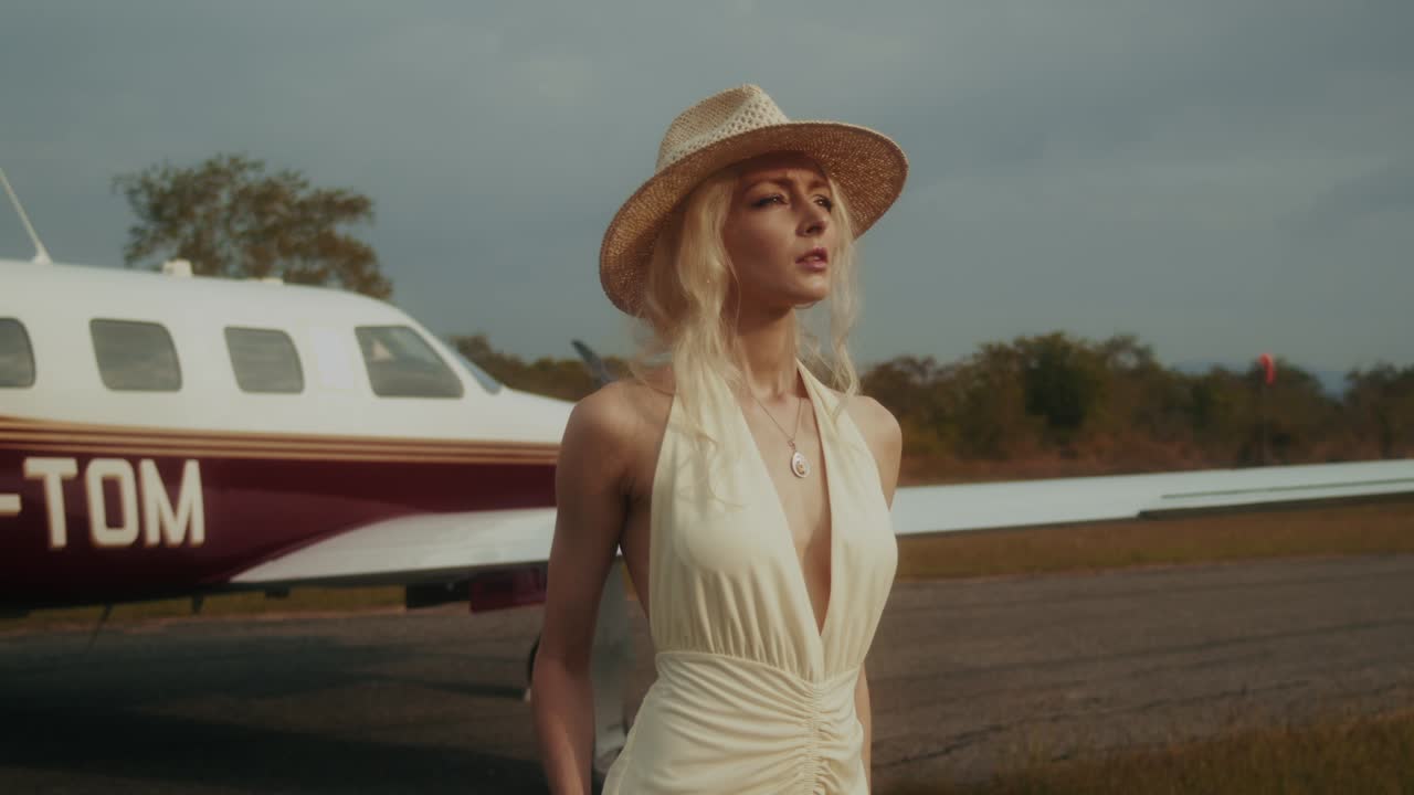 Woman in stylish dress at the airport, next to a private jet