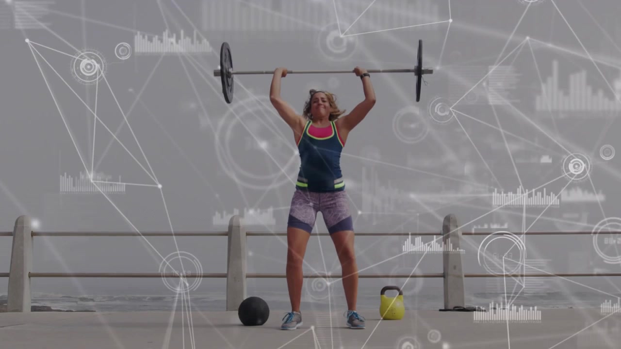 Vertical video: Woman gripping barbell starting clean press for fitness, tech overlay showing force