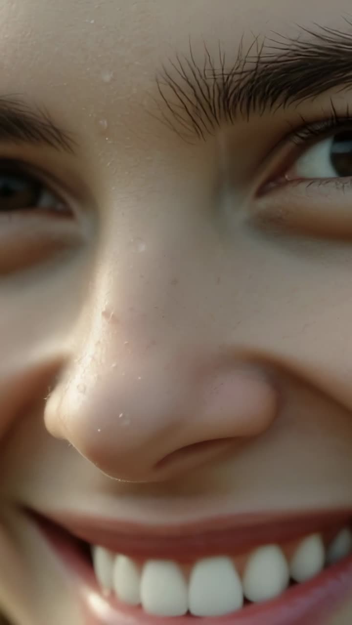 Vertical video: Smiling woman opening eyes and shifting gaze upward in studio, droplets glinting