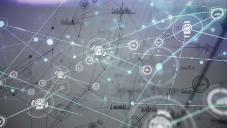 network connections and data processing animation over technical diagrams and charts