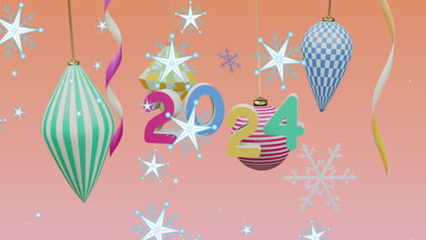 animación de copos de nieve sobre texto y decoraciones de 2024 sobre fondo naranja
