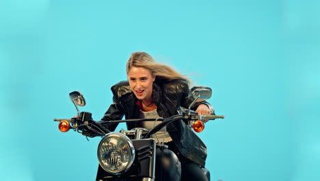 sport, fast and motorcycle with woman in studio