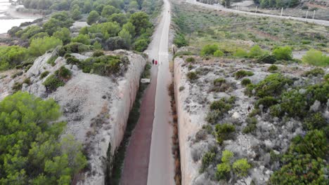 una pareja camina con perros por un sendero hecho entre un acantilado de roca y vegetación a los lados.