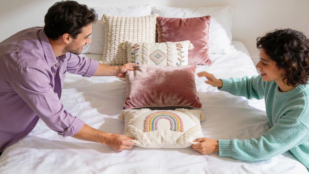 Uomo e donna in viola e verde acqua che afferrano le estremità dei cuscini, centrandoli sul letto e allineando il velluto arcobaleno.