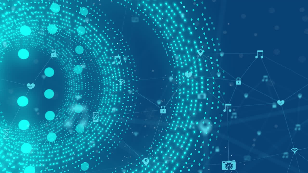 animación de puntos que forman un túnel circular sobre íconos conectados contra un fondo azul