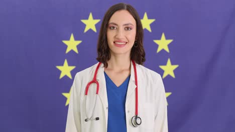 female doctor standing against european union flag background