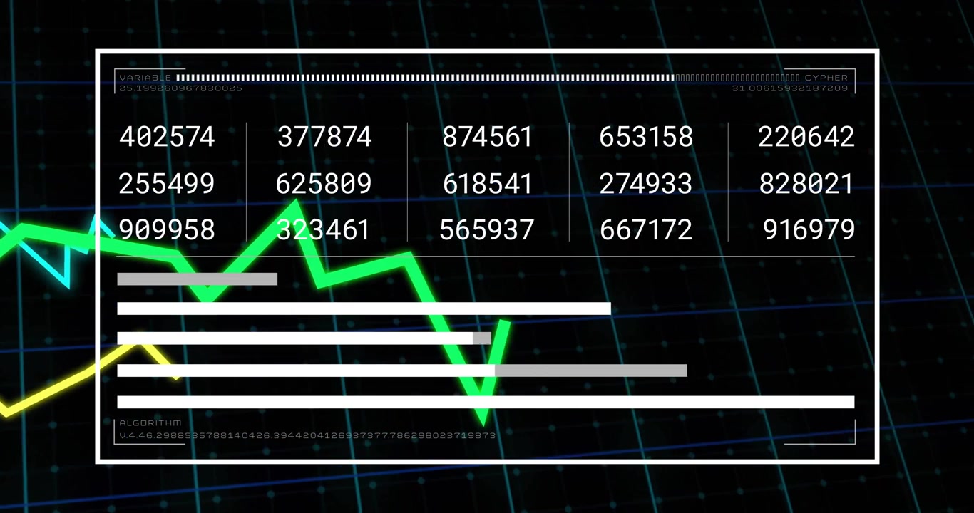 Animazione di un grafico a linee verde con dati numerici su uno sfondo a griglia digitale.