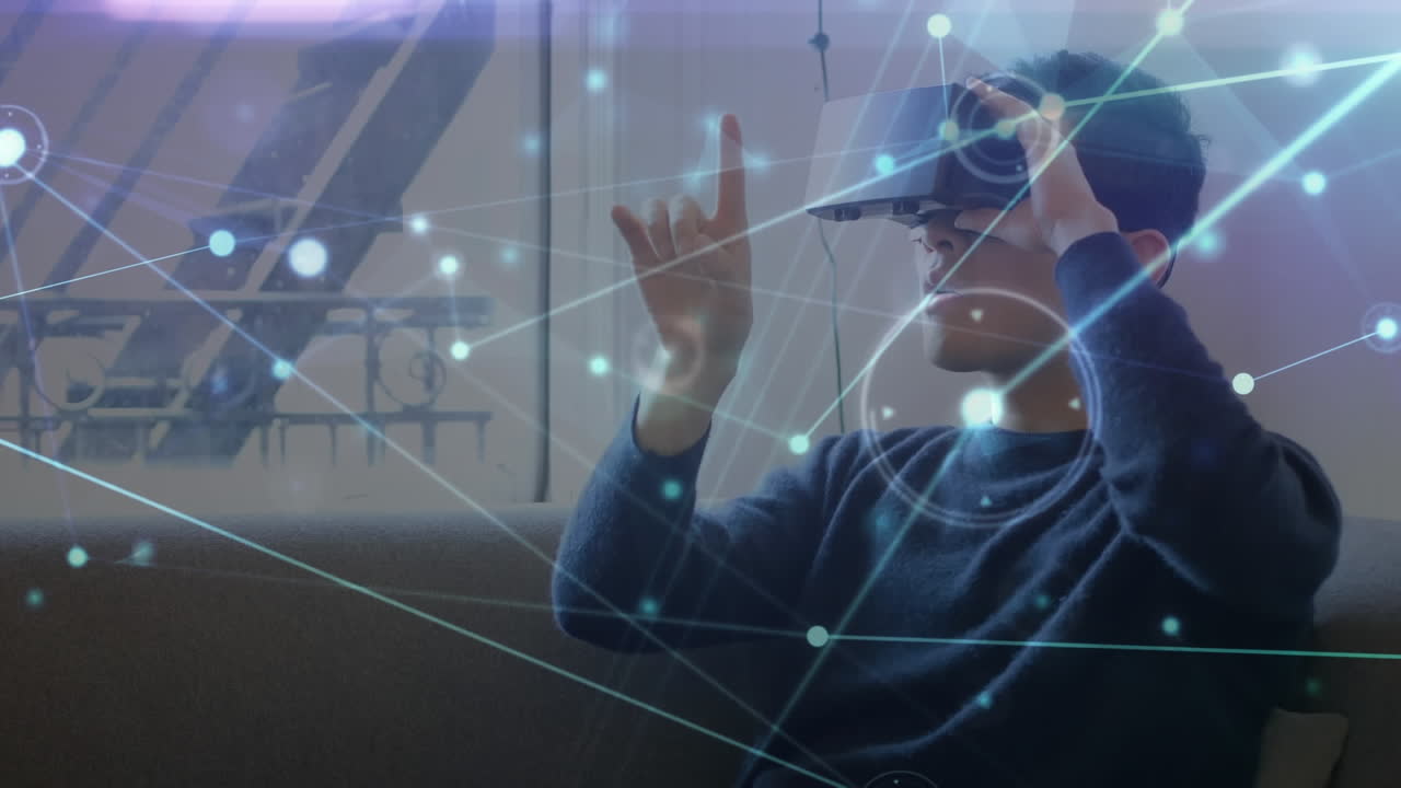 animación de la red de conexiones sobre el hombre de negocios que usa auriculares vr