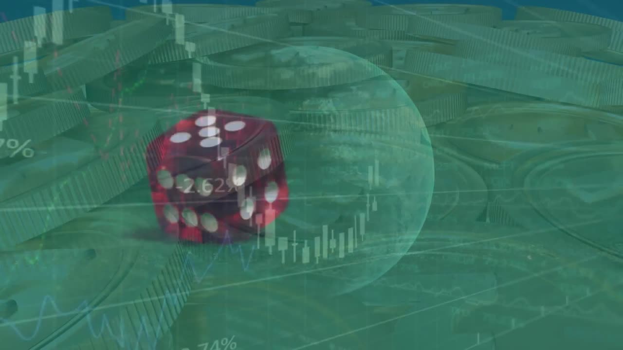 동전 위에 주사위와 지구를 사용하여 금융 데이터 처리의 애니메이션