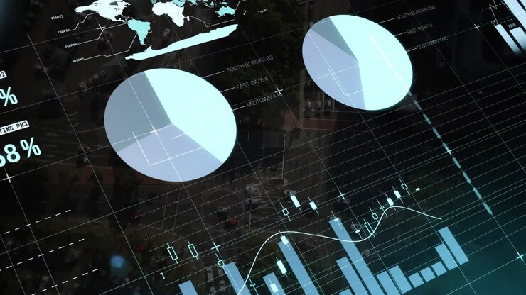 Animasjon av finansiell databehandling over rutenett og mørk bakgrunn