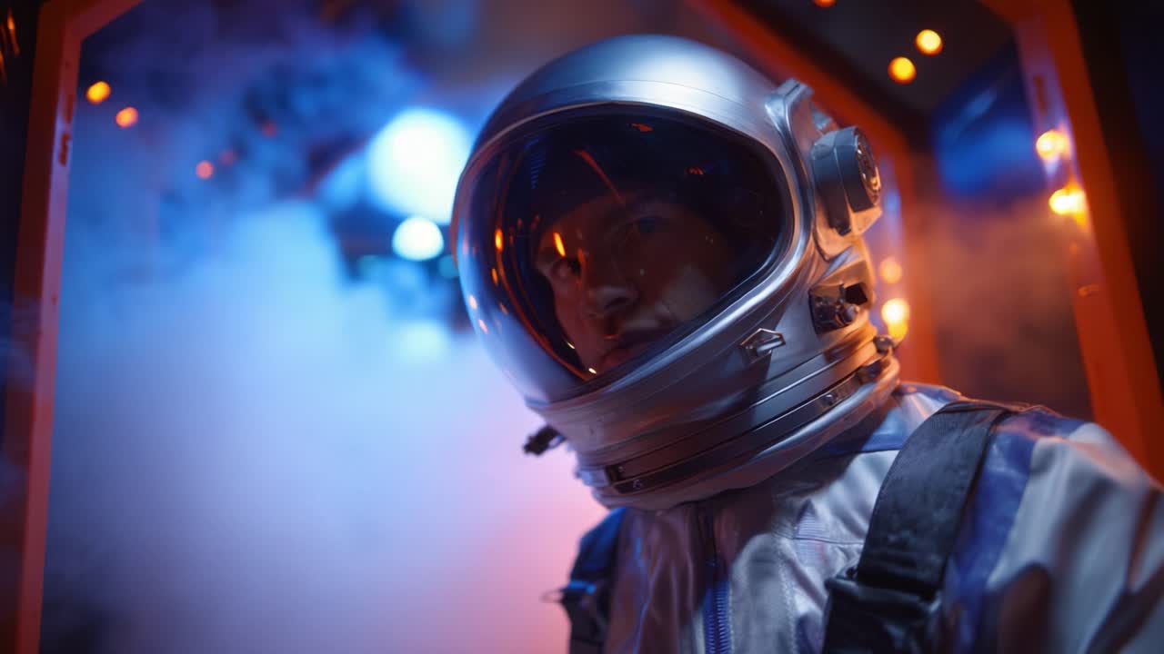 Astronauta w futurystycznym skafandrze kosmicznym otoczony kolorowym dymem i jasnymi światłami, oddający esencję eksploracji i przygody w kosmicznej scenerii.