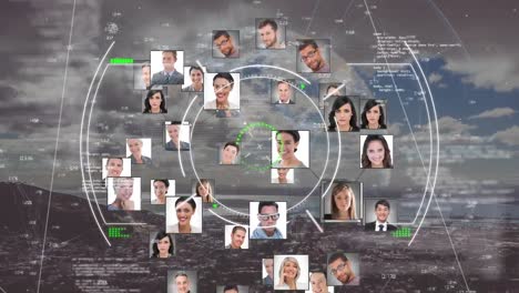 Digital-composite-video-of-scope-scanning-over-multiple-profile-icons-against-cityscape