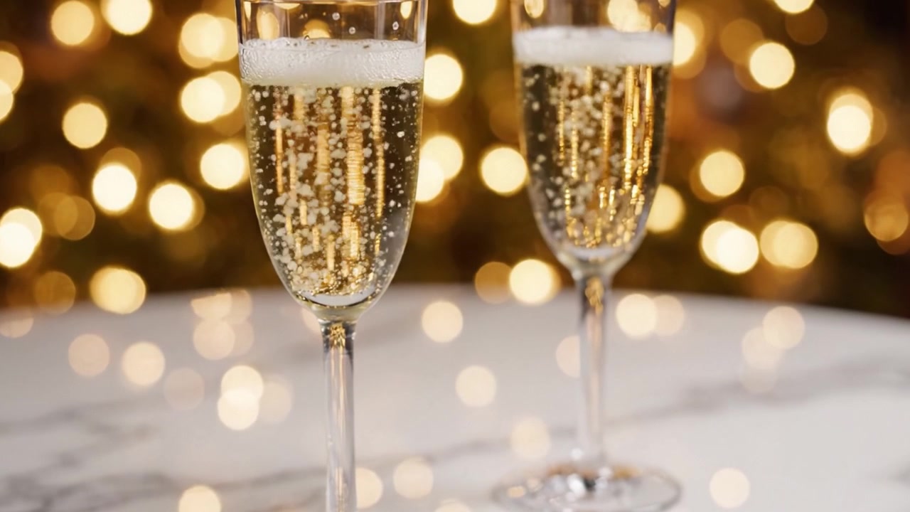 Brindisi celebrativo con champagne frizzante in eleganti flûte su uno sfondo dorato scintillante, perfetto per occasioni speciali e riunioni festive